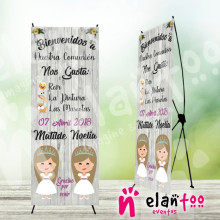 Cartel comunión niñas gemelas con aficiones