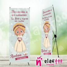 Cartel comunión niña rubia con flores